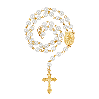 Glass Pearl Rosary Bead Necklace, Alloy Virgin Mary with Cross Pendant Necklace for Women, White, 18.70 inch(47.5cm)