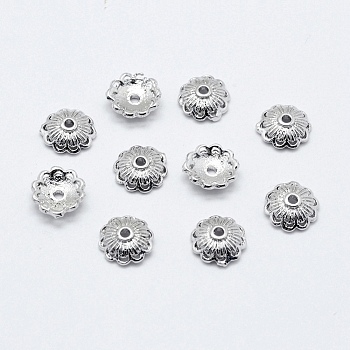 Multi-Petal Brass Caps, Long-Lasting Plated, Real Platinum Plated, Nickel Free, Flower, 8x2.5mm, Hole: 1mm