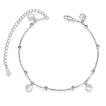 SHEGRACE Rhodium Plated 925 Sterling Silver Charm Anklets, with Grade AAA Cubic Zirconia, Flat Round, Platinum, 8-1/4 inch(21cm)