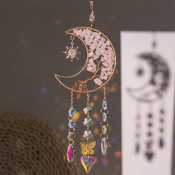 Moon Natural Rose Quartz Chips & Glass Suncatchers, Hanging Pendant Decorations with Golden Metal Findings, 360mm