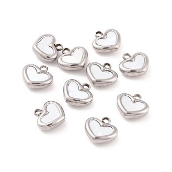 304 Stainless Steel Pendants, with Shell, Heart, Stainless Steel Color, 11x11x4mm, Hole: 1.8mm