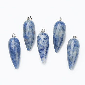 Natural Blue Spot Jasper Pointed Pendants, with Platinum Brass Findings, Bullet, 32~33x12mm, Hole: 2.5x6mm