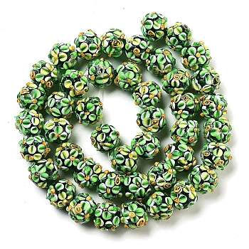 Handmade Lampwork Beads Strands, Bumpy, Round with Flower, Spring Green, 11.5~13x11~12mm, Hole: 1.6~1.8mm, about 45pcs/strand, 17.68~19.65''(44.9~49.9cm)