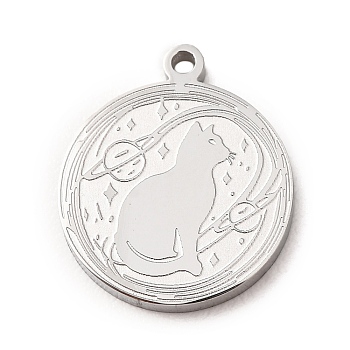304 Stainless Steel Pendants, Flat Round with Cat Shape & Space Charms, Stainless Steel Color, 18.5x16x1mm, Hole: 1.4mm