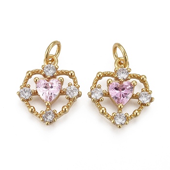 Brass Micro Pave Clear & Pearl Pink Cubic Zirconia Pendants, with Jump Rings, Long-Lasting Plated, Heart, Real 18K Gold Plated, 15x13x3mm, Hole: 3mm