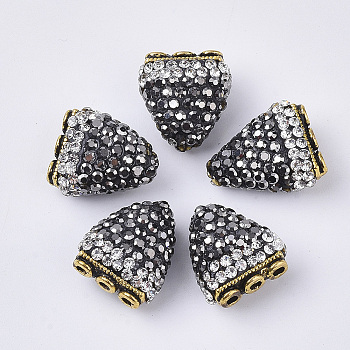 4-Holes Polymer Clay Rhinestone Beads, with Brass Findings, Triangle, Antique Golden, Jet Hematite, 17x15x9.5mm, Hole: 1.4~1.8mm