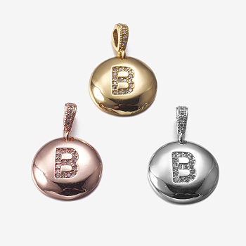 Brass Pendants, with Cubic Zirconia, Cadmium Free & Lead Free, Flat Round with Letter, Mixed Color, Letter.B, 22mm, Hole: 2x3mm, Pendant: 15x3mm