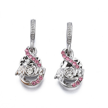 Rack Plating Alloy European Dangle Charms, with Rhinestone, Large Hole Beads, Cadmium Free & Lead Free, Antique Silver, Teardrop & Flat Round with Word, Rose, 29mm, Hole: 4.5mm, Charm: 13~17x9.5~12.5x1~2.5mm