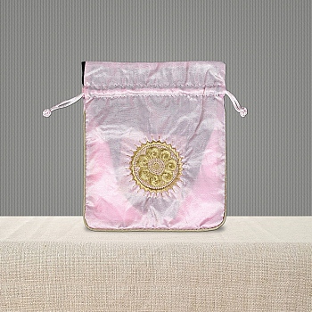 Chinese Style Brocade Drawstring Gift Blessing Bags, Jewelry Storage Pouches for Wedding Party Candy Packaging, Rectangle with Flower Pattern, Pearl Pink, 18x15cm