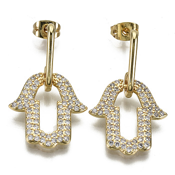 Brass Micro Pave Clear Cubic Zirconia Dangle Stud Earrings, with Earring Backs, Nickel Free, Hamsa Hand/Hand of Fatima/Hand of Miriam, Real 16K Gold Plated, 32mm, Pin: 0.8mm