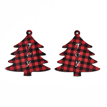 Christmas Theme Single-Sided Printed Wood Big Pendants, Christmas Tree with Tartan Pattern, Red, 79x73x2mm, Hole: 3.5mm