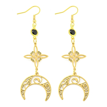 304 Stainless Steel Dangle Earrings for Women, with Glass Rhinestone, Moon, Real 18K Gold Plated, 80x24mm