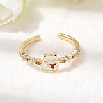 Brass Micro Pave Cubic Zirconia Cuff Rings for Women, Cat Shape, with Enamel, Long-Lasting Plated, Rack Plating, Real 18K Gold Plated, Adjustable; 7mm(RJEW-L336-01G-01)