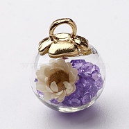 Glass Ball Pendants, with CCB Plastic Findings, Random Dried Flower and Rhinestone, Medium Purple, 23.5x18.5mm, Hole: 3.5mm(GLAA-N0020-02C-A)