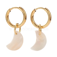 Vacuum Plating 304 Stainless Steel Huggie Hoop Earrings, Crescent Moon Earrings, with Natural Shell, Golden, 27mm, Pin: 1mm(EJEW-JE04404-01)