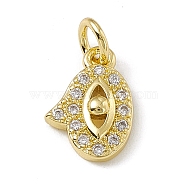 Brass Micro Pave Clear Cubic Zirconia Charms, with Open Jump Rings, Hand with Eye, Real 18K Gold Plated, 11.2x7.7x2.5mm, Jump Ring: 4.5x0.7mm, Inner Diameter: 3mm (ZIRC-F132-68G)