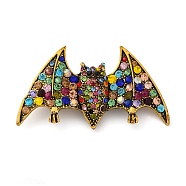 Zinc Alloy Rhinestone Halloween Bat Brooch, Antique Golden, Colorful, 34~35x58~58.5mm(JEWB-I033-03B)