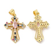 Brass Micro Pave Cubic Zirconia Pendants, Lead Free & Cadmium Free, Cross Charms, Real 18K Gold Plated, Colorful, 26.5x18.5x4mm, Hole: 4.8x3.3mm(KK-M249-16G-02)