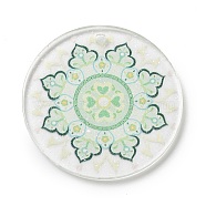 Acrylic Pendants, Round with Flower, Green, 35x35x2mm, Hole: 2mm(OACR-R267-05C)