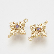 Brass Links connectors, with Cubic Zirconia, Flower, Nickel Free, Real 18K Gold Plated, Blue Violet, 13x10x4mm, Hole: 0.8mm(KK-T027-49G-02)