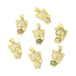 Rack Plating Brass Pave Cubic Zirconia Pendants, Bear Charms, Long-Lasting Plated, Cadmium Free & Lead Free, Real 18K Gold Plated, Mixed Color, 22x15x6mm, Hole: 5x4mm(KK-R144-16G)