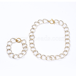 Aluminum Textured Curb Chain Bracelets & Necklaces Jewelry Sets, with Alloy Toggle Clasps, Light Gold, 7-1/2 inch(19cm), 16.53 inch(42cm)(SJEW-JS01094-02)