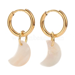 PVD Vacuum Plating 304 Stainless Steel Huggie Hoop Earrings, Crescent Moon Earrings, with Natural Shell, Golden, 27mm, Pin: 1mm(EJEW-JE04404-01)