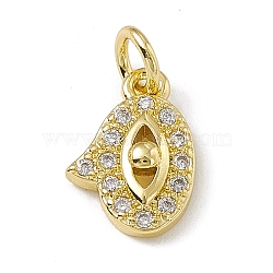 Brass Micro Pave Clear Cubic Zirconia Charms, with Open Jump Rings, Hand with Eye, Real 18K Gold Plated, 11.2x7.7x2.5mm, Jump Ring: 4.5x0.7mm, Inner Diameter: 3mm (ZIRC-F132-68G)