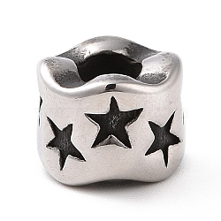 304 Stainless Steel European Beads, Large Hole Beads, Column with Star, Antique Silver, 7x9mm, Hole: 4mm(STAS-M301-38AS)