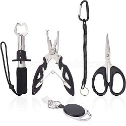 Fishing Tool Sets, with Plastic Retractable Badge Holders, Metal Fishing Lanyards, Stainless Steel Fish Lip Gripper, ABS Fishing Plier, Iron Scissors, Stainless Steel Color, 120x65x10mm(AJEW-FH0001-07)