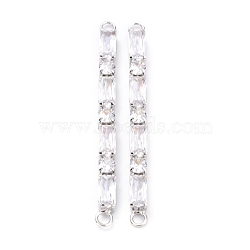 Brass Clear Cubic Zirconia Links Connectors, Long-Lasting Plated, Rectangle & Round, Real Platinum Plated, 58x4x4mm, Hole: 2.5mm(ZIRC-G170-25P)