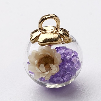 Glass Ball Pendants, with CCB Plastic Findings, Random Dried Flower and Rhinestone, Medium Purple, 23.5x18.5mm, Hole: 3.5mm