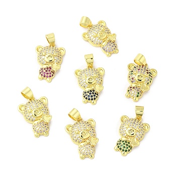 Rack Plating Brass Pave Cubic Zirconia Pendants, Bear Charms, Long-Lasting Plated, Cadmium Free & Lead Free, Real 18K Gold Plated, Mixed Color, 22x15x6mm, Hole: 5x4mm