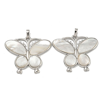 Rack Plating Brass Pave Natural White Shell Pendants, Butterfly Charms, Platinum, 35.5x42x3.5mm, Hole: 5X2.5mm