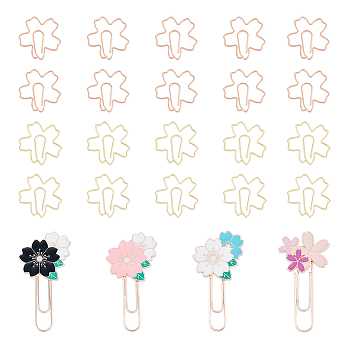 SUPERFINDINGS 4Pcs Sakura Alloy Enamel & Iron Paper Clips, with 24Pcs Sakura Iron Paper Clips, Cute Cherry Blossom Paper Clips, Funny Bookmark Marking Clips, Mixed Color, 27~63.5x27~32x1~3.5mm