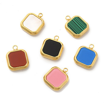 Vacuum Plating 304 Stainless Steel Pendants, with Synthetic Malachite & Acrylic & Shell, Square Charm, Golden, 15x12x3mm, Hole: 1.8mm