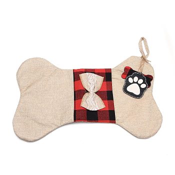 Bone Shape Cloth Socks, Plaid Pet Gift Bags, Christmas Party Decoration, Tan, 42x26.5x0.6cm