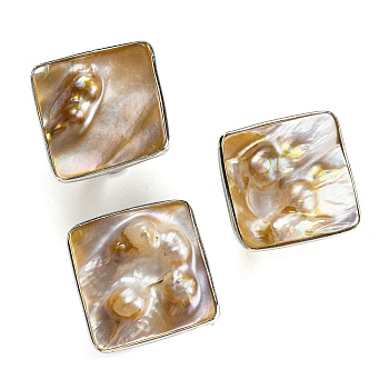 Freshwater Shell with Pearl Adjustable Finger Rings for Girl Women, Platinum Brass Rings, Square, 4mm, Inner Diameter: 18mm, Square: 34x34mm 