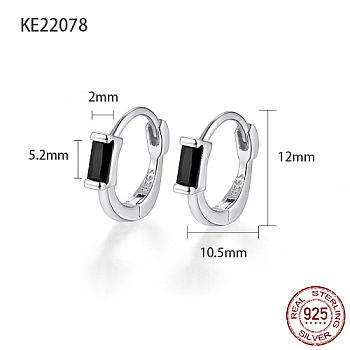 Rhodium Plated 925 Sterling Silver Pave Cubic Zirconia Rectangle Hoop Earrings for Women, with 925 Stamp, Platinum, Black, 12x2x10.5mm