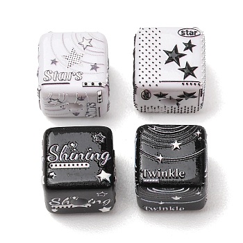 Y2K Style Printed Opaque Acrylic Beads, Cube with Star, Black, 14x14x14mm, Hole: 3.5mm