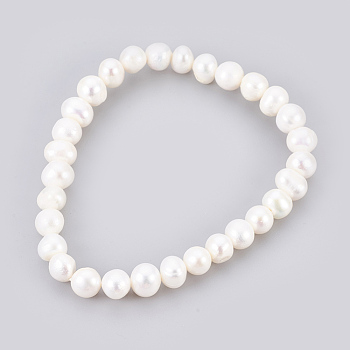 Grade A Pearl Stretch Bracelets, Polished, Potato, White, 2-1/8 inch(5.5cm)
