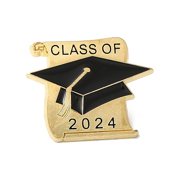 2024 Graduation Caps Enamel Pins, Golden Tone Alloy Doctoral Cap Badge for Suit Shirt Collar, Black, 25.5x30.5x1.5mm