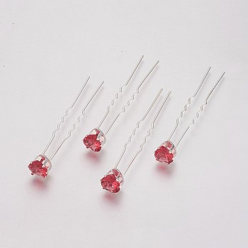(Defective Closeout Sale), Lady's Hair Forks, with Silver Color Plated Iron Findings and Glass Rhinestone, Heart, Light Siam, 72mm