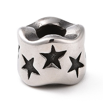 304 Stainless Steel European Beads, Large Hole Beads, Column with Star, Antique Silver, 7x9mm, Hole: 4mm