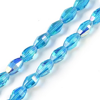 Electroplate Glass Beads Strands, AB Color Plated, Faceted, Oval, Deep Sky Blue, 9.5x5.5mm, Hole: 1.2mm, about 60pcs/strand, 22.05''(56cm)