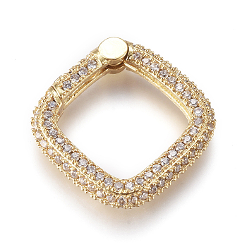 Brass Spring Gate Rings, with Clear Cubic Zirconia, Square, Golden, 20x20x4mm, Inner Diameter: 15x14mm
