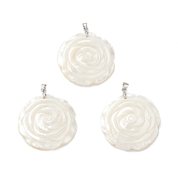 Natural White Shell Pendants, Flower Rose Charms, with Brass Snap on Bails, Cadmium Free & Lead Free, Platinum, 39x7mm, Hole: 6x4mm