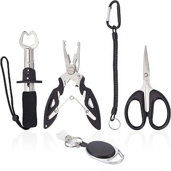 Fishing Tool Sets, with Plastic Retractable Badge Holders, Metal Fishing Lanyards, Stainless Steel Fish Lip Gripper, ABS Fishing Plier, Iron Scissors, Stainless Steel Color, 120x65x10mm