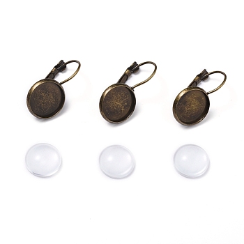 DIY Earring Making, with Brass Leverback Earring Findings and Transparent Oval Glass Cabochons, Antique Bronze, Cabochons: 11.5~12x4mm, 1pc/set, Earring Findings: 25~27x13~14mm, Tray: 12mm, Pin: 0.5mm, 1pc/set
