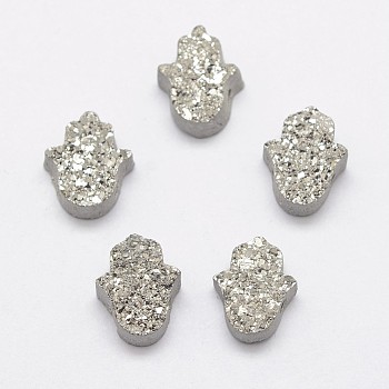 Hamsa Hand Druzy Crystal Beads, Electroplate Natural Druzy Crystal Beads, Platinum Plated, 13x10.5x4.5~5mm, Hole: 1mm